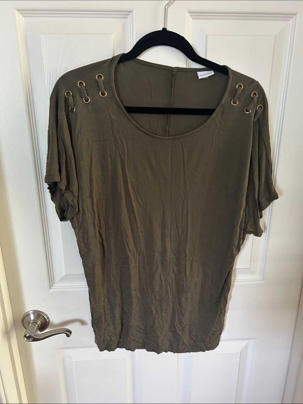 Women’s Olive Green Short Sleeve Eyelet Shoulder Tee by Unknown Brand